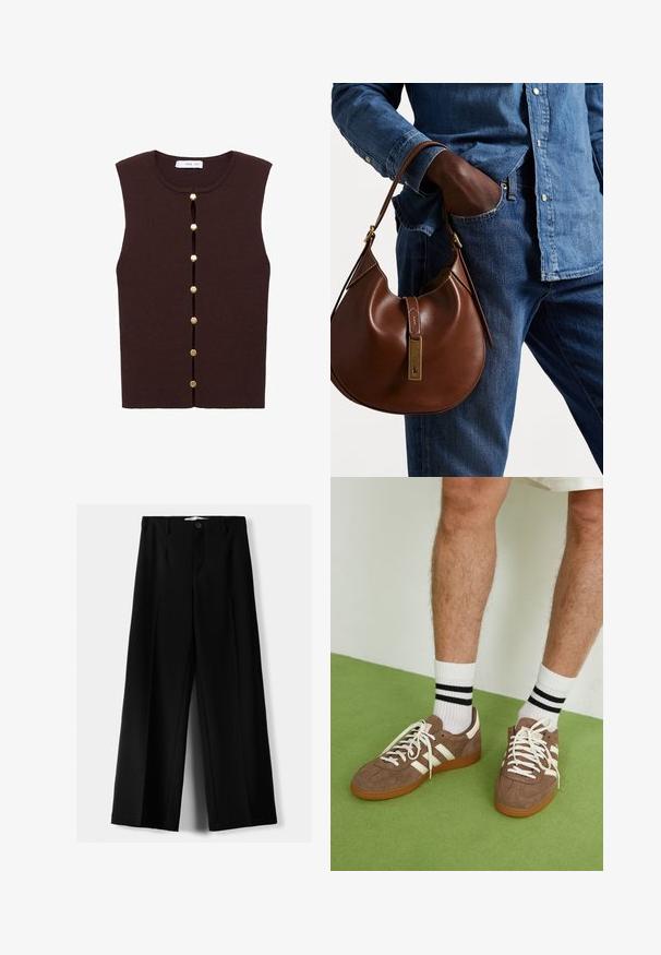 Brown ribbed sleeveless top with a rounded neckline and vertical button closure featuring six gold-tone buttons along the front.; Navy blue cotton t-shirt with short sleeves and a crew neckline. Features a small red embroidered logo on the left chest.; Black wide-leg trousers made of lightweight fabric, featuring a front button closure and flat front, with neatly stitched hems.; Brown suede sneakers with white accents and laces. Rubber gum sole. Worn with white socks featuring black stripes. Green textured flooring.; Brown leather hobo bag with a rounded shape, featuring a gold hardware accent and contrast stitching. Paired with a denim shirt and jeans.