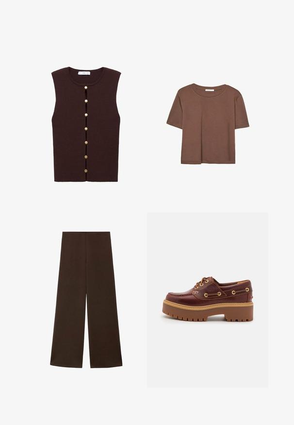 Ruskea ribattuja hihaton paita, jossa on pyöreä pääntie ja pystysuora nappilistaan, jossa on kuusi kultasävyistä nappia edessä.; Kahvinsävyinen lyhythihainen t-paita, joka on valmistettu pehmeästä kankaasta. Pyöreä pääntie ja rento malli. Ei näkyviä kuvioita tai koristeita.; Löysät housut, jotka on valmistettu sileästä, tummanruskeasta kankaasta. Ominaisuuksina korkea vyötärö ja minimalistinen muotoilu ilman koristeluja.; Ruskea nahkainen venejalkine, jossa on paksu ruskea kumipohja, kultaiset nauhapaikat ja kontrastiväriompelu. Sivussa on logo.