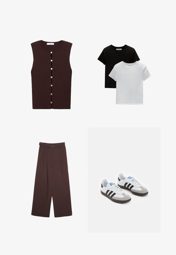 Brązowy, prążkowany, bezrękawnik o okrągłym dekolcie i pionowym zapięciu na guziki, zdobiony sześcioma złotymi guzikami z przodu.; Dwie koszulki z okrągłym dekoltem w kolorze czarnym i białym, wykonane z bawełny. Posiadają krótkie rękawy i jednolity kolor bez wzorów czy akcentów.; Stradivarius - Spodnie materiałowe; Buty sportowe z białą skórzaną cholewką, szarym zamszowym noskiem i trzema czarnymi paskami. Posiadają niebieskie logo na języku oraz teksturowaną gumową podeszwę.