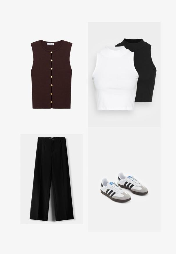 Braune, gerippte ärmellose Bluse mit Rundhalsausschnitt und vertikaler Knopfleiste, die sechs goldfarbene Knöpfe an der Vorderseite aufweist.; Zwei ärmellose, gerippte Rollkragenoberteile in Schwarz und Weiß, mit einer figurbetonten Passform und glatter Textur sowie einer cropped Länge.; Schwarze weite Hosen aus leichtem Stoff, mit einem Knopfverschluss vorne und flachem Bund, mit sorgfältig genähten Säumen.; Sportschuhe mit einem Obermaterial aus weißem Leder, grauer Wildleder-Zehenkappe und drei schwarzen Streifen. Sie verfügen über ein blaues Logo auf der Zunge und eine strukturierte Gummisohle.