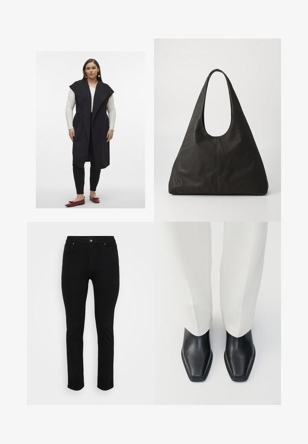 Długi czarny kamizelka z opadającym kołnierzem, wykonana z gładkiego materiału. Nosi się ją na białej bluzce z długim rękawem, w połączeniu z czarnymi spodniami i czerwonymi butami.; Czerwony sweter z dzianiny prążkowanej z wysokim dekoltem, długimi rękawami i prostym krojem. Miękka tekstura, bez wzorów i dodatków.; Czarne dżinsy typu slim fit, pięć kieszeni, z przodem na guzik i minimalnym rozciąganiem dla komfortu. Płaska, gładka tekstura z minimalnymi detalami.; Czarne skórzane botki za kostkę z wysmukłym noskiem i niskim, ściśniętym obcasem, w połączeniu z białymi spodniami o szerokich nogawkach. Gładka tekstura, elegancki design.; Czarna skórzana torba tote z zakrzywionym uchwytem, wydłużonym trójkątnym kształtem i gładką fakturą. Charakteryzuje się minimalistycznym wzornictwem bez widocznych elementów metalowych.; Srebrne metalowe kolczyki o falistym, rzeźbiarskim wzorze z polerowanym wykończeniem i nieregularnymi kształtami, podkreślające nowoczesny estetykę.