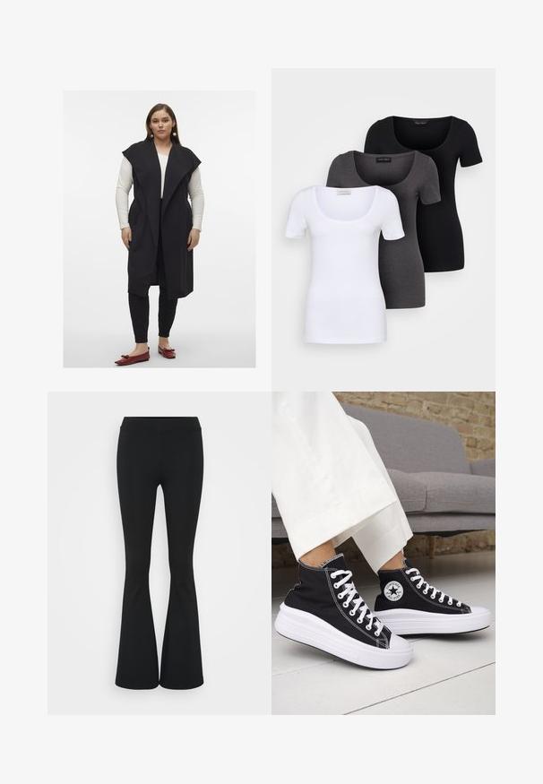 Pitkä musta liivi laskostetulla kauluksella, valmistettu sileästä kankaasta. Rinnalla valkoinen pitkähihaisen paita, yhdistetty mustiin housuihin ja punaisiin kenkiin.; Kolme istuvaa T-paitaa valkoisena, harmaana ja mustana. Jokaisessa on leveä avara pääntie ja lyhyet hihat. Valmistettu sileästä ja joustavasta kankaasta.; Mustat leveät housut, jotka on valmistettu joustavasta kankaasta, ja joissa on korkea vyötärö sekä sileä pinta. Housut levenevät polven kohdalla.; Mustat korkeavartiset tennarit, joissa valkoiset kumipohjat ja nauhat. Koristettu pyöreällä logotarralla ja valkoisilla kontrastisaumoilla. Materiaali on canvas.