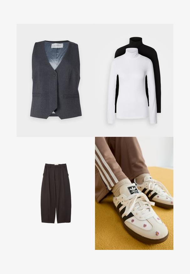 Graue Weste mit V-Ausschnitt, einer einzelnen vorderen Knopfleiste und zwei seitlichen Taschen. Das Innenfutter ist blau und hat ein dezentes Muster.; Zwei langärmelige Rollkragenoberteile, eines weiß und eines schwarz, aus einem glatten, dehnbaren Stoff, beide mit schmalem Schnitt und hohem Kragen.; Schwarze weit geschnittene Hosen aus einem glatten Stoff, mit hoher Taille, Frontfalten und Seitentaschen. Schlichtes Design ohne Verzierungen.; Weiße Leder-Sneaker mit drei schwarzen Streifen und floralem Stickereien in Lila und Gelb. Braune Gummisohle. Kombiniert mit beigen gerippten Socken.