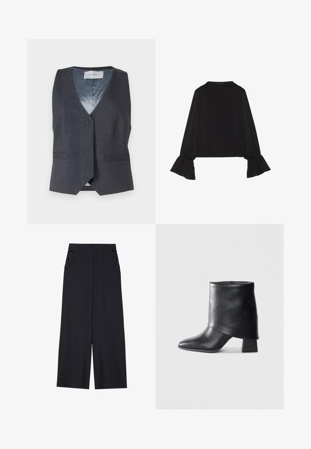 Grå vest med V-hals, enkelt frontknapp og to sidelommer. Innvendig har den et blått fôr med et subtilt mønster.; Svart langermet topp med utsvingte mansjetter, myk tekstur og avslappet passform, med enkel rund hals.; Bredde benbukser i mørk marinefarge, med en jevn tekstur, frontfalter og dekorative gullfargede øyespenner på sidelommene.; Sorte lær ankle boot med spiss tå, glatt tekstur og en strukturert blokkhæl. Har et høyt, brettet mansjett-design.