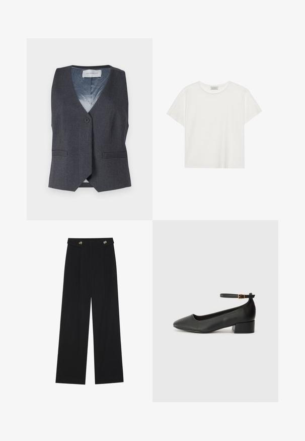 Grå vest med V-hals, enkelt frontknapp og to sidelommer. Innvendig har den et blått fôr med et subtilt mønster.; Hvit T-skjorte med kort erm laget av myk bomull. Har rund hals og avslappet passform. Rent design uten synlige mønstre eller aksenter.; Svart vide bukser med høy midje, knappdetaljer på midjebåndet og frontplisser.; Sorte skinnpumper med spiss tå og lav blokkhelt. Har ankelrem med gullfarget spenne. Glatt tekstur.