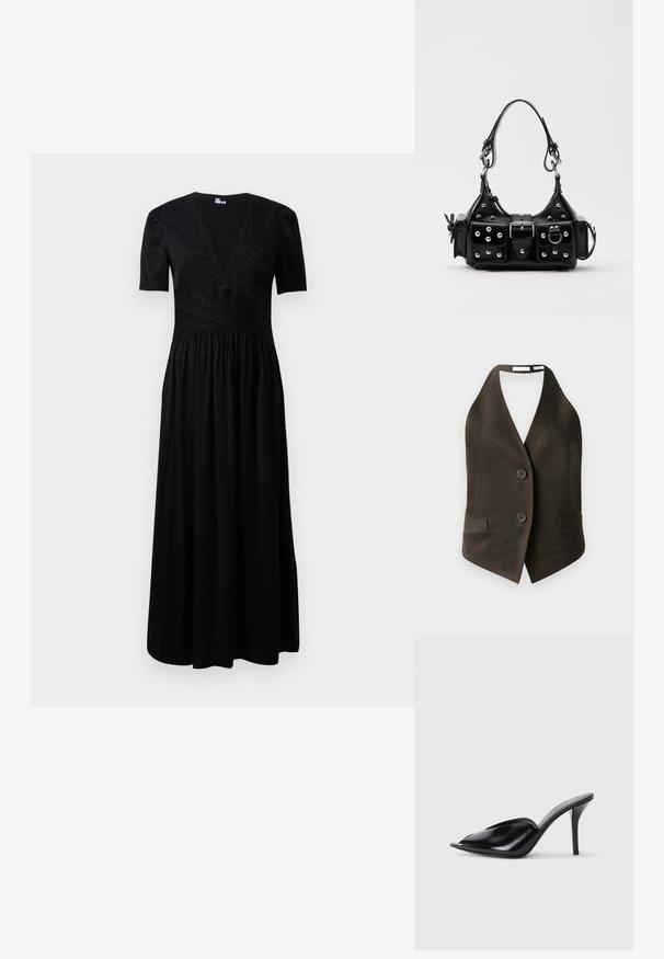 Pruun ilmaõlgadega vest, mis on valmistatud tekstuurilisest kangast, sügava V-dekolteega, kahe eesmise tasku ja kahe musta nööbiga ees.; Mustra mustriga mustriga kleit sügava V-kaelusega, lühikeste varrukatega, tekstureeritud rinnaosa ja kokku volditud seelikuga. Valmistatud kergest kangast, millel on peened mustrid.; Mustad nahast kõrge kontsaga mulad avatud varbaga, terava disainiga, siledapinnalised ja kitsaste stilettokontsadega.; Must värvi nahast käekott, millel on kaarjas disain, hõbedased nupukesed, kinnitusahe ja kaks külgtaskut. Reguleeritav rihm erinevate kandmisvõimaluste jaoks.