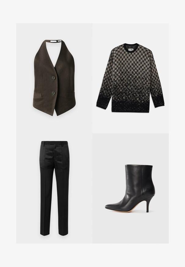 Gilet marrone senza maniche realizzato in tessuto testurizzato, con scollatura a V profonda, due tasche frontali e due bottoni neri davanti.; Maglione lavorato a maglia con un motivo a rombi in beige e nero, con una sfumatura di colore graduale. Collo a giro e maniche lunghe. Texture morbida.; Pantaloni neri su misura con gamba dritta e una vita con passanti per cintura, caratterizzati da un mix di pannelli di tessuto opaco e lucido.; Stivale alla caviglia in pelle nera con punta affilata, sottile tacco a stiletto e superficie liscia. Design minimalista senza hardware o accenti visibili.