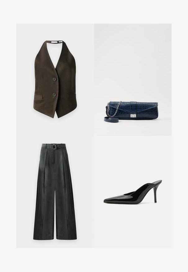 Vesta fără mâneci de culoare maro, confecționată dintr-un material texturat, cu un decolteu adânc în V, două buzunare frontale și două nasturi negri în față.; Bluză neagră cu guler în picioare, mâneci lungi din material transparent, detaliu cu fundă la gât, realizată dintr-un stof de satin neted, închidere cu butoane în față.; Pantaloni cu picioare largi în gri închis, având o textură netedă, pliuri și o curea cu cataramă argintie la talie.; Mule-uri cu toc înalt din piele lacuită neagră, cu vârful ascuțit și o siluetă elegantă, având un spate deschis și un toc subțire stilletto.; Plică din piele de culoare bleumarin, cu textură de crocodil, curea din lanț argintie și clapetă metalică. Formă rectangulară cu design pliabil.