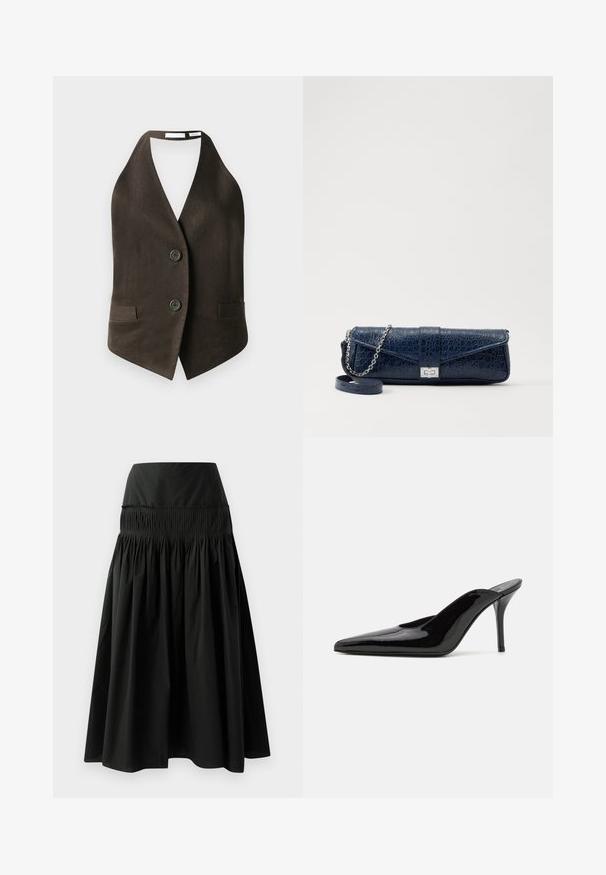 Barna ujjatlan mellény, mely texturált anyagból készült, mély V-nyakkal, két elülső zsebbel és két fekete gombbal az elején.; Beige szatén hálóing csipkés díszítéssel a nyakrészen, vékony, állítható pántokkal és sima, fényes felülettel.; Fekete, térdig érő szoknya sima anyagból, rugalmas derékpánttal és rakott kialakítással a bőségéért.; Fekete lakkbőr magas sarkú mules cipő, hegyes orral és karcsú sz Siluettel, nyitott hátsó résszel és vékony stilettó sarokkal.; Sötétkék bőr retikül krokodilbőr textúrával, ezüst lánc pánttal és fém csattal. Téglalap alakú, felhajtható kialakítással.