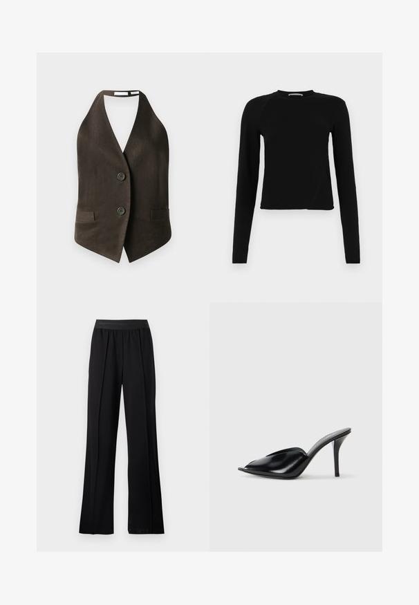 Bruine mouwloze vest gemaakt van textuurstof, met een diepe V-hals, twee voorzakken en twee zwarte knopen aan de voorkant.; Zwarte lange mouwen crop top van zachte stof, met een ronde halslijn en een licht asymmetrische zoom met een subtiele logo-detail.; Zwarte wijde broek van soepel materiaal met een elastische tailleband. Bevat plooien voor extra volume en flow, zonder zichtbare patronen of accenten.; Zwarte leren muiltjes met hoge hakken, open teen, spitse vorm, gladde textuur en een slanke stiletto-hak.