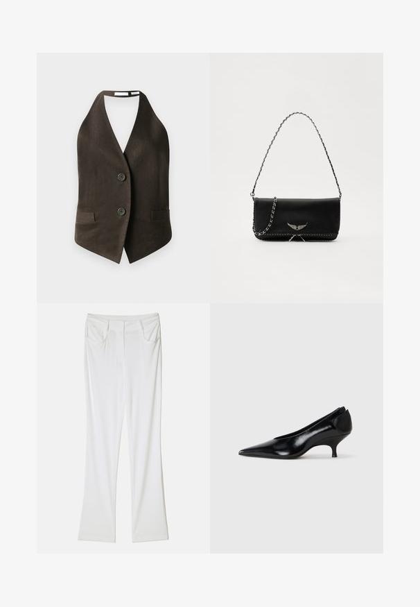 Brązowa bezrękawnik wykonany z teksturowanej tkaniny, z głębokim dekoltem w kształcie litery V, dwoma przednimi kieszeniami i dwoma czarnymi guzikami z przodu.; Czarny krótki top z długim rękawem i wysokim kołnierzem. Wykonany z elastycznego materiału, posiada zamek błyskawiczny z tyłu i boczne rozcięcia.; Białe spodnie w kształcie dzwonów o gładkiej fakturze materiału, z dwoma przednimi kieszeniami i przeszywaną talią, zapewniającą dopasowany wygląd.; Czarne skórzane szpilki z ostrym noskiem, niskim obcasem, eleganckim designem i gładką fakturą. Posiadają styl wsuwany, bez widocznych elementów metalowych.; Czarna skórzana torebka z srebrnym łańcuszkiem, ozdobiona dekoracyjnymi skrzydłami i białym przeszyciem wzdłuż dolnego szwu.