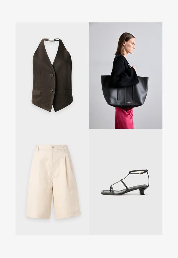 Ruda be rankovių liemenė, pagaminta iš tekstūruoto audinio, turinti gilią V formos iškirptę, dvi priekinės kišenes ir du juodus mygtukus priekyje.; Baltas visiškai susipynęs polos marškinėliai su juodu siuvinėtu logotipu, uždedamu centre ant krūtinės. Kaklo iškirptė ir rankovių angos baigtos subtiliu apvadu.; Šviesiai rudų lino šortai su laisvu kirpimu, su mygtukų uždarymu, klostuotais raštais ir kelio ilgio kirpimu. Lygus audinys ir paprastas stilius.; Juodas odinis sandalai su kvadratiniu pirštu, plonomis dirželiais, reguliuojamu kulkšnies dirželiu ir žemu kulnu. Yra nedidelis aukso akcentas ant dirželio.; Juodas odinis rankinės modelis su tekstūruotu paviršiumi, turintis dvi vertikalias linijas, dvi petinių dirželių poras ir minimalistinį dizainą.