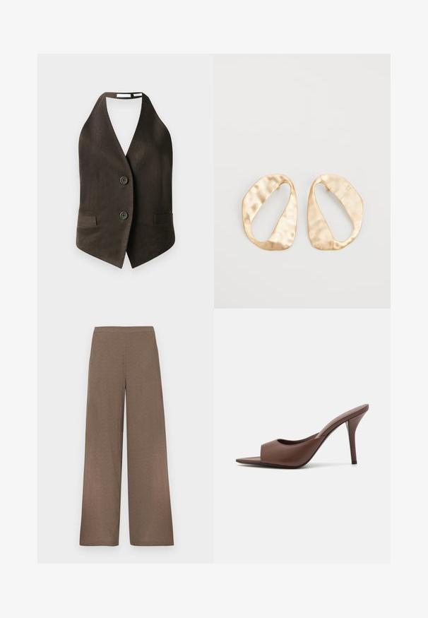 Gilet marrone senza maniche realizzato in tessuto testurizzato, con scollatura a V profonda, due tasche frontali e due bottoni neri davanti.; T-shirt beige a maniche corte con collo tondo a coste e cuciture visibili sulle maniche e sul collo, mostrata stesa su uno sfondo bianco.; Pantaloni marroni a gamba larga con vita piatta, senza tasche o chiusure visibili, esposti su uno sfondo bianco.; Mule aperti con tacco alto in pelle marrone, dal design elegante, caratterizzati da una larga fascia anteriore e un sottile tacco a stiletto.; Un paio di orecchini in metallo di tonalità dorata, di forma ovale irregolare, con superficie texturizzata e leggermente martellata, su uno sfondo bianco.