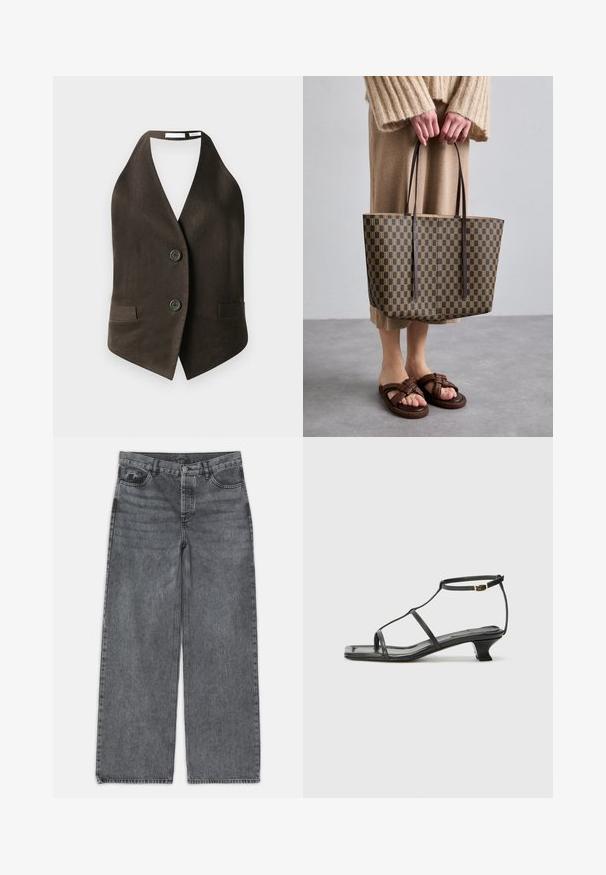 Hnědý bezrukávový svetr vyrobený z texturované látky, který má hluboký výstřih do V, dvě přední kapsy a dva černé knoflíky vpředu.; Černý žebrovaný top bez rukávů s kulatým výstřihem a vyšívaným logem v bílé barvě. Materiál má hladkou texturu a těsný střih.; Kalhoty s širokými nohavicemi v tmavě šedém denimovém materiálu. Vyznačují se vysokým pasem, pěti kapsami a předním zapínáním na knoflík. Hladká textura s jemným vyblednutím.; Černá kožená sandál s čtveratou špičkou, tenkými popruhy, nastavitelným kotníkovým popruhem a nízkým podpatkem. Obsahuje malý zlatý akcent na popruhu.; Hnědá vzorovaná taška s černými uchy, vyrobená z odolného materiálu. Nositá s béžovým pleteným svetrem a hnědými sandály na řemínky.