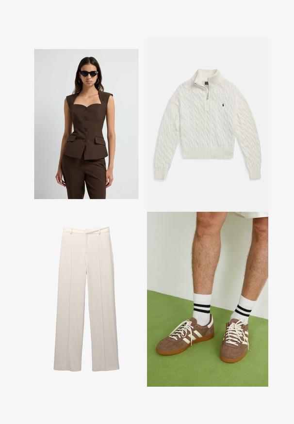 Donna che indossa un top senza maniche marrone con bottoni abbinato a pantaloni della stessa tonalità e occhiali da sole neri a forma di gatto, in piedi davanti a uno sfondo bianco.; Maglione bianco a mezzipper in maglia a trecce con collo, polsini e orlo a coste, caratterizzato da un piccolo logo scuro ricamato sul petto a sinistra.; Pantaloni a gamba larga in tessuto beige chiaro con una texture liscia. Presentano una vita aderente, pieghe frontali e nessuna tasca visibile.; Sneaker in suede marrone con dettagli e lacci bianchi. Suola in gomma color gomma. Indossati con calzini bianchi con righe nere. Pavimento verde texturizzato.