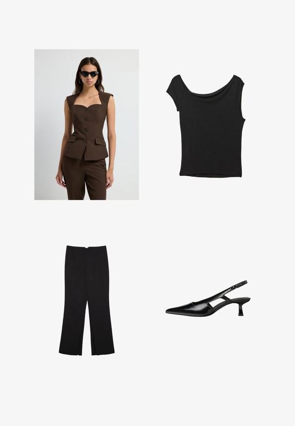 Kvinde iført brun ærmeløs knap-top med matcher bukser og sorte katteøje solbriller, stående mod hvid baggrund.; Sort kortærmet top lavet af glat stof; har en draperet halsudskæring og en asymmetrisk kant, med en tætsiddende pasform.; Sorte bukser med lige pasform, der har frontlommer og slidser i kanten. Lavet af blødt, glat stof. Velegnet til forskellige anledninger.; Sorte patentlæder slingback hæle med spids tå, udskåret sideskærm og en lille firkantet hæl. Glat tekstur med minimale detaljer.