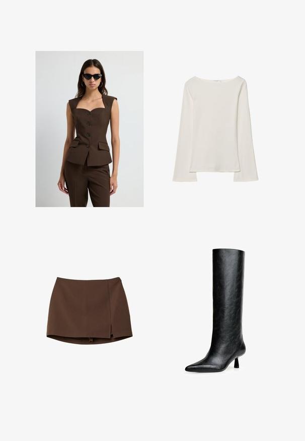 Kvinde iført brun ærmeløs knap-top med matcher bukser og sorte katteøje solbriller, stående mod hvid baggrund.; Hvid langærmet top med bådudskæring. Lavet af blødt materiale, harflammende ærmer og en lige kant, hvilket giver et enkelt og alsidigt design.; Brun mininederdel lavet af glat stof, med en frontslids, rene linjer og en struktureret pasform. Ingen lommer eller markante hardware detaljer.; Sort knæhøje støvler lavet af struktureret læder. Har en spids tå og en lille, udvidet hæl. Slankt, glat design med minimale accenter.