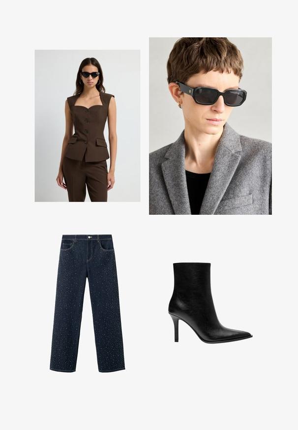 Kvinde iført brun ærmeløs knap-top med matcher bukser og sorte katteøje solbriller, stående mod hvid baggrund.; Hvid langærmet top med bådudskæring. Lavet af blødt materiale, harflammende ærmer og en lige kant, hvilket giver et enkelt og alsidigt design.; Mørk denim jeans med et bredbenet design, prydet med spredte rhinsten på fronten. Klassisk fem-lomme stil.; Sort læder ankelstøvle med spids tå, slank stiletto-hæl, glat tekstur og minimalistisk design. Ingen synlig hardware eller detaljer.; Sorte rektangulære solbriller med mørke linser, matte overflade og guld logo på bæltet; båret med en grå uldblazer og sort top.