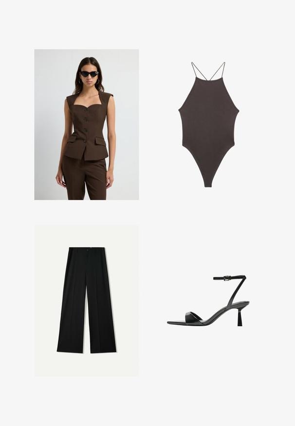 Kvinde iført brun ærmeløs knap-top med matcher bukser og sorte katteøje solbriller, stående mod hvid baggrund.; Brun højhalset heldragt badedragt med tynde, justerbare stropper; har højt skåret ben og glat tekstur. Ingen mønstre eller udsmykninger.; Bershka WIDE - Bukser - black; Bershka Højhælede sandaletter / Højhælede sandaler - black
