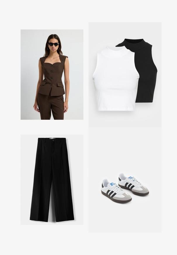 Kvinde iført brun ærmeløs knap-top med matcher bukser og sorte katteøje solbriller, stående mod hvid baggrund.; To kjoleløse ribbede turtleneck-toppe i sort og hvid, med en tætsiddende design og glat tekstur, samt cropped længde.; Sorte brede bukser lavet af letvægtsstof, med frontknaplukning og glat front, samt pænt syede kanter.; Sportsko med en overdel i hvid læder, grå ruskind på tåen og tre sorte striber. Har et blåt logo på tungen og en struktureret gummisål.