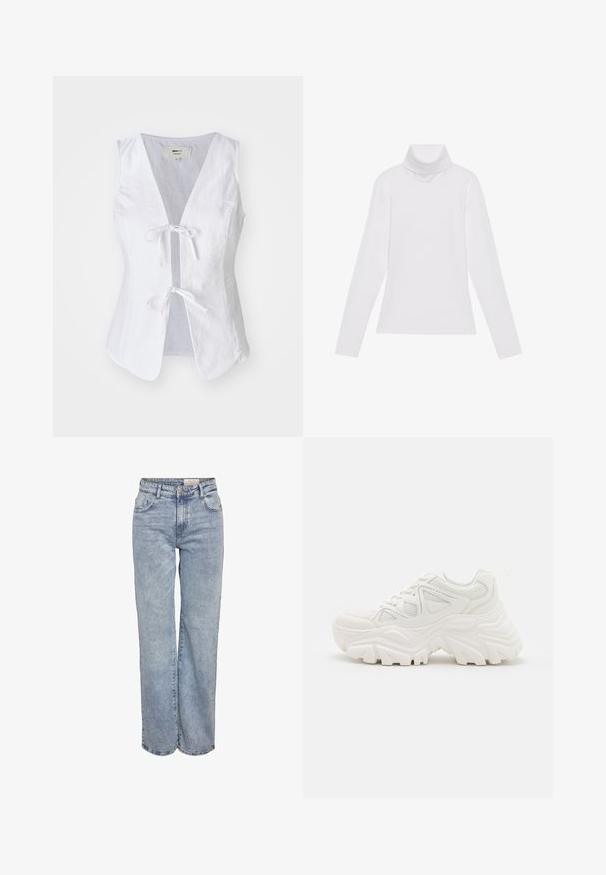 Balti lininiai be rankovių marškiniai su giliu V formos iškirpimu, su surišimu priekyje ir lygiu paviršiumi. Puošia dvi priekinės kišenės ir suapvalintas kraštas.; Baltas ilgomis rankovėmis turtleneko tipo marškinėliai, pagaminti iš lygaus, tamprus audinys. Yra aukštas apykaklė ir prisitaikantis dizainas, be matomų raštų ar papuošimų.; Šviesiai mėlyni plačios kojų džinsai, pagaminti iš džinsinio audinio, pasižymintys aukštu liemeniu, penkių kišenių dizainu ir subtiliu blukimu, kad atrodytų jau dėvėti.; Baltos masyvios sportinės bateliai su tekstūruotu paviršiumi, tinkliniais elementais ir storais guminiais padais su ryškiu protektoriumi. Įtrauktos raišteliai ir kilpa.