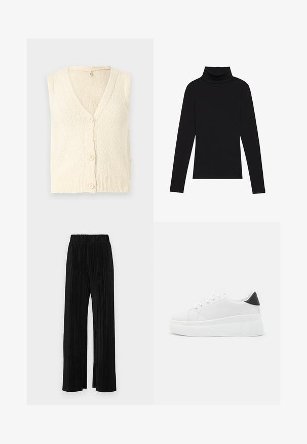 Kremfarget ermeløs cardigan med V-hals, teksturert strikket stoff og tre store knapper foran. Ribbet kantdetalj.; Svart høyhalset langermet topp, laget av ribbestrikket stoff, har en tettsittende design med høy hals og uten mønstre eller dekorasjoner.; Sorte plisserte bukser med elastisk midje. Har vide ben og et glatt, strukturert stoff med vertikale striper.; Hvite plattform sneakers laget av glatt syntetisk materiale, med rund tå, snøring og en strukturert gummisåle. Svart hæl akcent.
