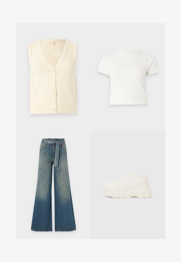 Kremni brezrokavnik s črnim izrezom, teksturirana pletenina in tri velike gumbe spredaj. Detajl z ribanim robom.; Kratka bela majica iz bombaža s kratkimi rokavi, okroglim ovratnikom in ravnim robom, ki ima gladko teksturo in minimalističen dizajn.; Široke jeans hlače z gradientom od svetlo do temno modre, visokim pasom, zankami za pas in pasom iz istega materiala. Tekstura denim končnica.; Bela platnena teniska z debelim podplatom, okroglo konico in petimi luknjicami za vezalke. Zadaj je dodana zanka za enostavno obuvanje. Gladka tekstura, minimalistična zasnova.