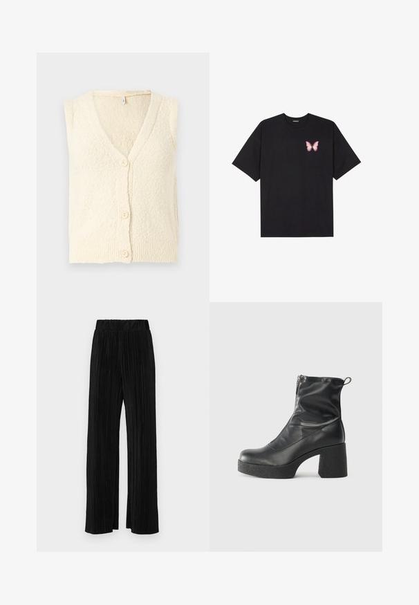 Kreminės spalvos be rankovių kardiganas su V formos iškirpte, iš tekstūruotos mezgimo medžiagos, priekyje su trimis dideliais mygtukais. Rizbuota apatinė briauna.; Juodas medvilnės marškinėliai trumpomis rankovėmis, su maža rožine drugelio grafika kairėje krūtinės pusėje. Apvalus kaklo iškirpimas, laisvas kirpimas.; Juodi plisuoti kelnės su elastine juosta. Turėkite plačias kojas ir glotnų, tekstūrinį audinį su vertikaliais dryžiais.; Juodos kulkšninių botai, pagaminti iš lygaus odos, su šoniniu užtrauktuku, masyviu tekstūruotu kulnu ir apvaliu pirštu.