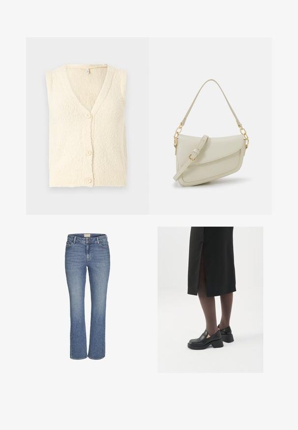 Cardigan creme de alças sem mangas com decote em V, tecido de malha texturizada e três botões grandes na parte da frente. Detalhe de bainha canelada.; Duas blusas de gola alta sem mangas em preto e branco, com um design justo e textura suave, e comprimento cropped.; Jeans de ganga de perna reta em azul médio, com fecho frontal de botão e zip, passadores de cinto e bolsos dianteiros e traseiros.; Sapatos de couro pretos com bico arredondado, salto bloco grosso e detalhes elásticos laterais, combinados com meias escuras e uma saia preta com uma abertura.; Pequena bolsa de creme com um acabamento texturizado, uma alça longa ajustável, um detalhe em corrente e um fecho de aba. Detalhes em hardware dourado.