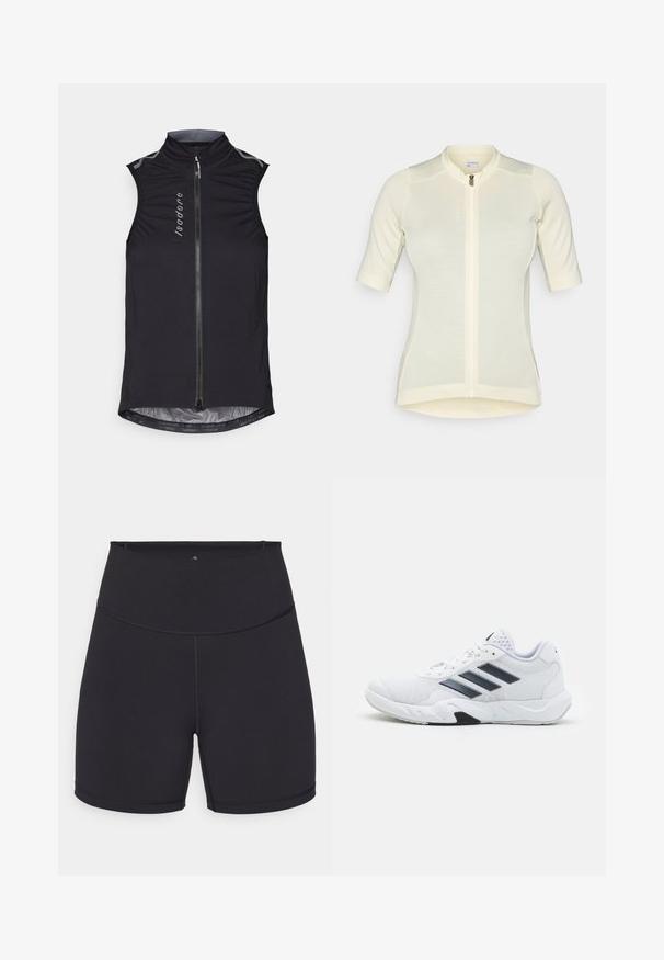 Juodas be Rankovių dviratininkų liemenė turi aukštą apykaklę, užtraukiamą priekį ir atspindinčius akcentus, pagaminta iš lengvos, tamprios medžiagos.; Šviesiai geltona dviratininkų maikutė su trumpomis rankovėmis, siauras kirpimas, visiškai užtraukiama užtrauktukas, subtili tekstūruota medžiaga ir apvali apykaklė. Prekės ženklas ant priekinės pusės.; Juoda sportinė kelnaitė, pagaminta iš tamprios medžiagos. Yra aukštas liemuo ir lygūs siūlai. Tinka aktyviam gyvenimo būdui ir fiziniam krūviui.; Baltas sportinis batelis su tinklelio viršumi, trimis juodomis juostelėmis šone, tekstūruotais akcentais ir tvirtu guminio pado su kontrastinga juoda dalimi.