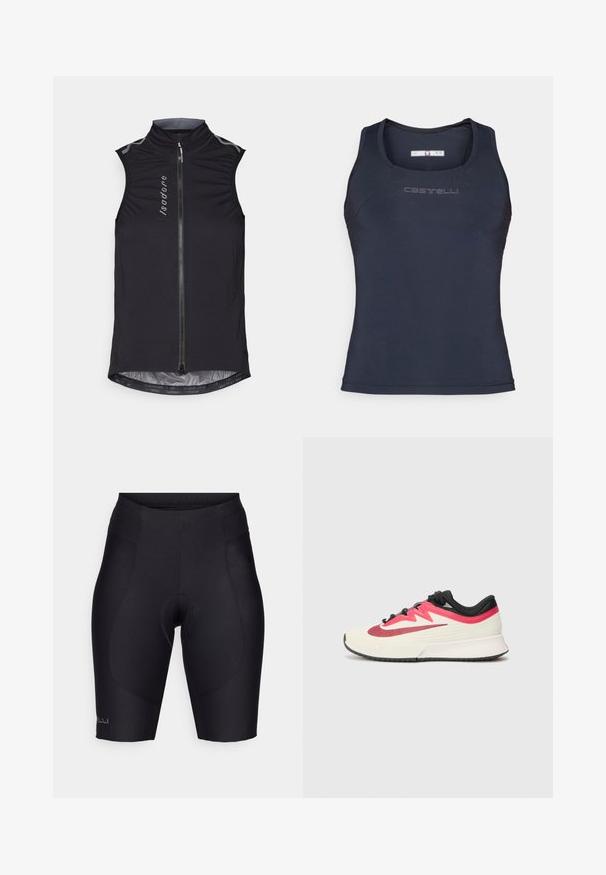 Melna bez piedurknēm riteņbraukšanas veste ar augstu apkakli, ar rāvējslēdzēju priekšā un atstarojošiem akcentiem, izgatavota no viegla, elastīga auduma.; Jūras zila sporta topa blūze, kas izgatavota no gludas, elastīgas auduma. Tam ir noapaļota dekoltē līnija un diskrēta zīmola emblēma uz krūšu zona.; Melni velosipēdu šorti, kas izgatavoti no elastīga materiāla, ar iešūtu spilventiņu, elastīgu jostu un gludām šuvēm, lai nodrošinātu pieguļošu piegriezumu.; Skriešanas apavi ar krēmveida augšdaļu, sarkaniem un melniem akcentiem, kā arī teksturētu virsmu. Piedāvā melnas auklas un polsterētu zolīti ērtībai.