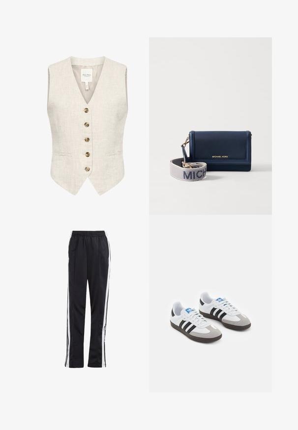 Linen prsluk u svijetloj bež boji s V-izrezom, pet smeškastih dugmadi i dva bočna džepa. Ima glatku teksturu i kroj koji ističe oblik.; Bijela majica kratkih rukava s širokim izrezom i opuštenim krojem. Izrađena od mekanog pamučnog materijala, s glatkom teksturom i jednostavnim dizajnom.; Crne trenirke s bijelim bočnim trakama, elastičnim pojasom i logotipom. Izrađene od glatkog, laganog materijala. Ravni kroj nogavica.; Sportske cipele s gornjištem od bijele kože, sivi suedinasti nos i tri crne pruge. Imaju plavi logo na jeziku i teksturiranu gumenu podlogu.; Mornarska kožna novčanik s zlatnim logotipom, sadrži odvojivu traku s "MICHAEL" u bijelom tekstu na textured pozadini. Kompaktni dizajn.