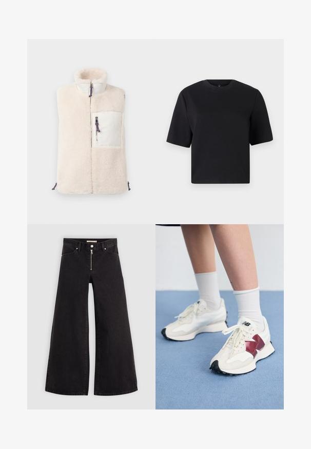 Kremowy bezrękawnik z polaru, z wysokim kołnierzem, przednim zamkiem błyskawicznym oraz białą kieszenią na zamek błyskawiczny na piersi z niebiesko-czerwonymi sznurkami do ciągnięcia.; Czarny t-shirt z krótkim rękawem, okrągły dekolt, wykonany z gładkiej bawełnianej tkaniny; luźny krój, minimalistyczny design, bez widocznych wzorów czy akcentów.; Jeans o szerokich nogawkach w czarnym denienie z zamkiem błyskawicznym z przodu, pięcioma kieszeniami i subtelnymi detalami przeszycia. Gładka tekstura i swobodny styl.; Para białych sneakersów z bordowymi akcentami, teksturowanymi panelami, płaską czarną podeszwą i jasnymi sznurowadłami, noszonych z białymi skarpetkami do kostek.
