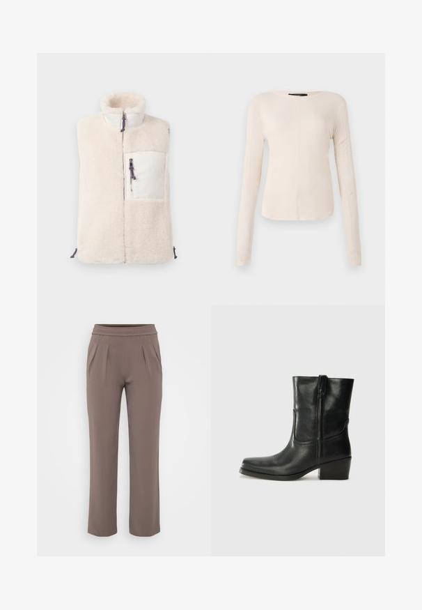 Cream-colored sleeveless fleece vest with high collar, front zipper, and white zippered chest pocket with blue-red pull cords.; Long-sleeve, light beige top with a round neckline. Made of soft fabric, features a central seam and slightly curved hem. No visible hardware.; Taupe loose-fit trousers with elastic waistband and front pleats, made from smooth fabric.; Black leather ankle boot with a rounded toe, block heel, side zipper, and stitching accents on the vamp. Smooth texture, classic design.