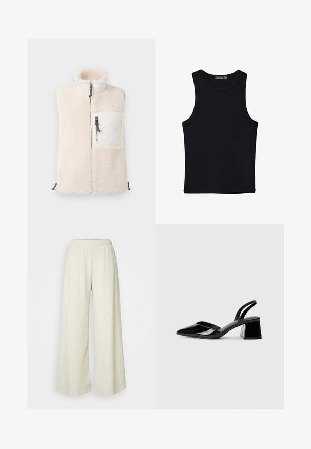Kermanvärinen hihaton fleeceveste korkean kauluksen, etuvetoketjun ja valkoisen vetoketjullisen rintataskun kanssa, jossa on sinivalkoiset vetoketjuvetimet.; Musta hihaton paita, joka on valmistettu puuvillasta, ja jossa on pyöreä kaula-aukko sekä leveät kainaloaukot. Silkkinen pinta ja ommellut reunat. Klassinen, minimalistinen muotoilu.; Löysät housut laadukkaasta, kermansävyisestä kankaasta. Varustettu joustavalla vyötäröllä ja ilmavalla siluetilla. Sopii arkikäyttöön.; Mustat patentoitu nahkakengät, joissa on säären takaosa ja terävä kärki, sekä geometrinen palikkakorko. Sisältää tyylikkään, minimalistisen muotoilun ja sileän pinnan.