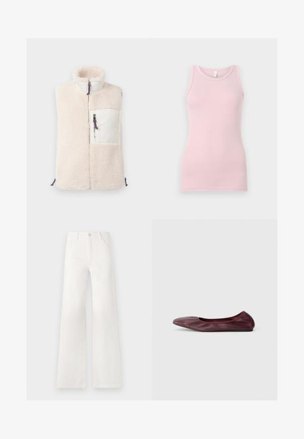 Kremowy bezrękawnik z polaru, z wysokim kołnierzem, przednim zamkiem błyskawicznym oraz białą kieszenią na zamek błyskawiczny na piersi z niebiesko-czerwonymi sznurkami do ciągnięcia.; Jasnoróżowy top na ramiączkach wykonany z miękkiego, elastycznego materiału. Posiada okrągły dekolt i wąskie ramiączka, a także gładką teksturę i dopasowany krój.; Białe dżinsy z wysokim stanem i szerokimi nogawkami. Wykonane z denimu. Posiadają zapięcie na guzik, dwie kieszenie z przodu oraz boczne szwy ze szczegółami w postaci przeszyć.; Baletki w głębokim burgundowym skórze, z okrągłym noskiem, elastycznym brzegiem oraz gładką fakturą z delikatnym marszczeniem.