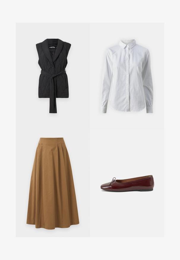 Colete acolchoado preto com gola xale, fecho de botão único e cinto combinando, apresentando uma textura suave e design sem mangas.; Camisa branca de botão feita de algodão suave, com colarinho clássico, mangas longas e bainha curva. Os botões são pequenos e brancos.; Saia A-line de algodão castanho com cintura alta, apresentando pregas na parte da frente e uma textura suave. As bordas da bainha são limpas e simples.; Bailarinas em couro sintético borgonha com bico redondo, pequeno laço na frente e sola baixa em borracha preta. Textura suave.
