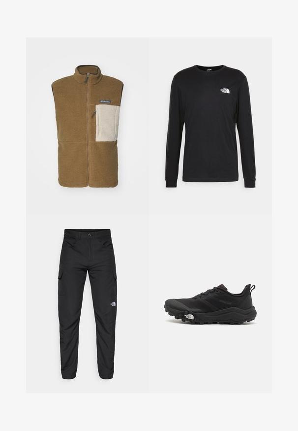 Columbia MOUNTAINSIDE™ VEST - Vest - delta/cordovan/ancient fossil; Sort langærmet t-shirt lavet af bomuld, med et hvidt logo på venstre bryst og ribbede manchetter. Glat tekstur med rund halsudskæring.; The North Face HORIZON PANT - Outdoorbukser - black; Sort trail løbesko med en struktureret overdel, gummisål og forstærket tåhætte. Har en polstret krave og en pull-tab til nem påtagning.