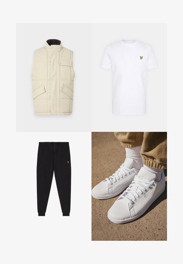 Colete acolchoado sem mangas de cor bege claro, com colarinho alto, fecho éclair à frente, dois bolsos laterais e um pequeno bolso no peito. Tecido acolchoado texturizado.; T-shirt de algodão branco com um pequeno logótipo bordado em preto e amarelo no lado esquerdo do peito. Mangas curtas e decote redondo.; Calças jogger pretas com cintura elástica e cordão, pernas afuniladas com punhos e pequeno logótipo amarelo bordado na coxa direita.; Sapatilhas brancas de couro com uma superfície suave, apresentando um design clássico com atacadores, perfurações para respirabilidade e uma sola de borracha texturizada.