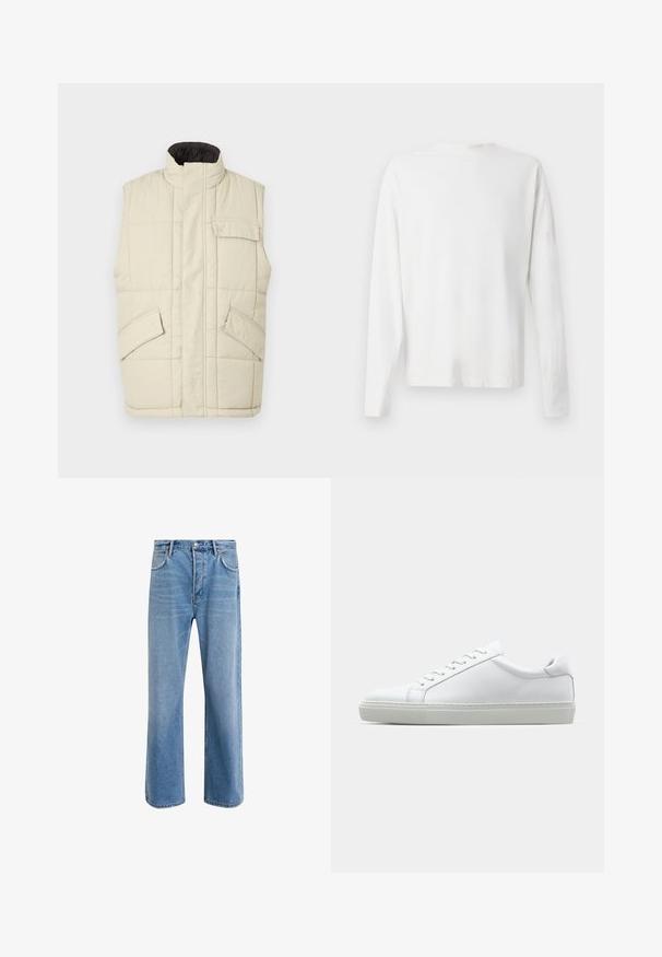 Světlý béžový bezrukávový puffer vest s vysokým límcem, předním zipem, dvěma bočními kapsami a malou kapsou na hrudi. Texturovaná prošívaná látka.; Bílá bavlněná košile s dlouhým rukávem a kulatým výstřihem, s bočními rozparky na spodní části a hladkým povrchem, vystavená zezadu.; Světle modré džínové kalhoty s rovnými nohavicemi, pěti kapsami, zapínáním na knoflík, minimálním vyblednutím a kontrastním prošitím.; Bílé tenisky s hladkým koženým svrškem a nízkým profilem. Mají zaoblenou špičku, šest nýtů a texturovanou gumovou podrážku.