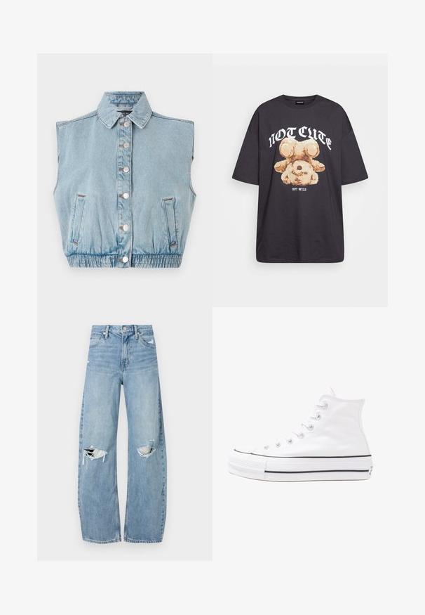 Šviesiai mėlyna džinsinė be rankovių striukė su mygtukų uždarymu, apykakle ir elastinga juosta. Yra dvi šoninės kišenės ir sidabriniai mygtukų akcentai.; Juodas per didelis marškinėliai su bearo grafika ir tekstu "NE SIAUBINGA, BET NERAMUS" bold baltomis raidėmis. Pagaminta iš medvilnės.; Šviesiai mėlynos, aukštu juosmeniu džinsai pagaminti iš džinsinio audinio. Turi plačias kojų kelnes, dvi suplėšytas kelio vietas ir klasikinį penkių kišenių dizainą.; Balti aukštakulniai drobės sportbačiai su juodu guminio pado, priekinio guminio piršto dangteliu ir šešiais akytėmis raištams, pasižymintys švariu, minimalistiniu dizainu.