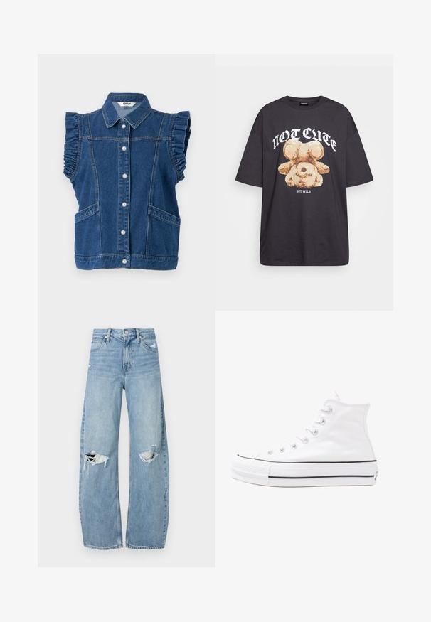 Sleeveless denim vest in dark blue with ruffled shoulder accents, five pearl buttons, two front pockets, and a classic collar design.; Black oversized t-shirt featuring a graphic of a bear with the text “NOT CUTE BUT WILD” in bold, white lettering. Cotton material.; Light blue, high-waisted jeans made of denim. Feature wide legs, two torn knee areas, and classic five-pocket styling.; White high-top canvas sneaker with black rubber sole, front rubber toe cap, and six eyelets for laces, featuring a clean, minimalist design.