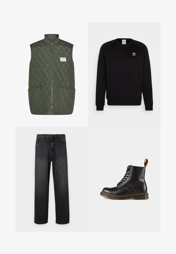 Gepolsterte Weste in Dunkelgrün mit einem Frontreißverschluss, runder Halslinie, zwei großen Fronttaschen und einem kleinen Markenlabel auf der linken Brust.; Schwarzer Sweatshirt mit Raglanärmeln, Rundhalsausschnitt und gerippten Bündchen. Verfügt über ein kleines, weißes Adidas-Logo auf der Brust. Weicher Stoff.; Dunkelgraue Denim-Jeans mit geradem Bein, ausgestattet mit einem Reißverschluss, fünf Taschen und subtilen Verblassungen auf dem Stoff.; Schwarze Leder-Stiefelette mit gelben Nähten, schnürbarem Vorderteil, runder Zehenpartie und einer strukturierten Gummisohle. Mit Zuglasche an der Rückseite.