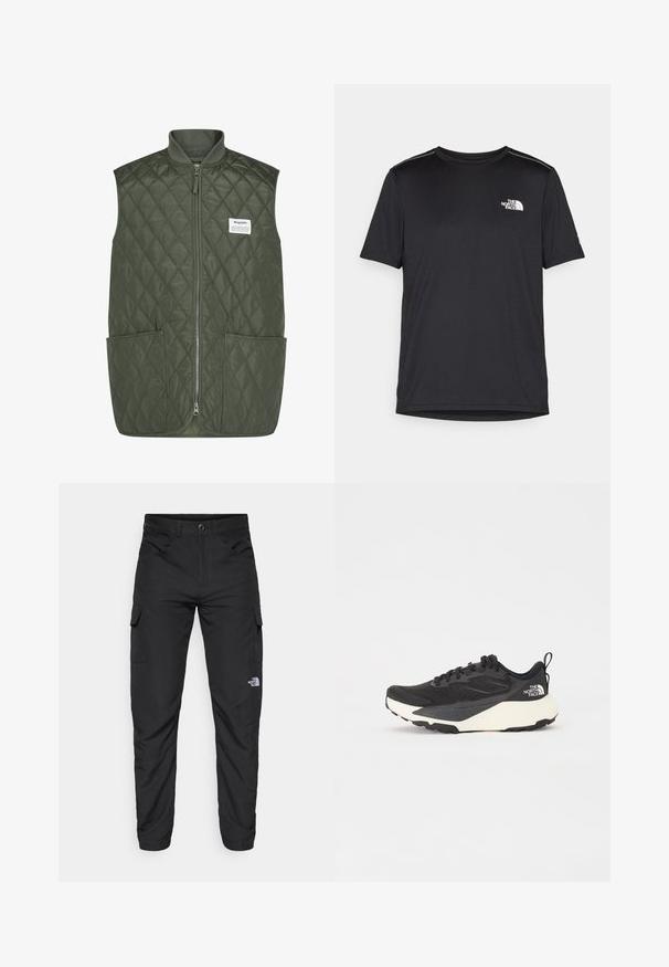 Gepolsterte Weste in Dunkelgrün mit einem Frontreißverschluss, runder Halslinie, zwei großen Fronttaschen und einem kleinen Markenlabel auf der linken Brust.; Schwarzes T-Shirt mit kurzen Ärmeln aus leichtem Stoff. Mit einem kleinen weißen Logo auf der linken Brust und dezenten Akzenten an den Schultern.; The North Face HORIZON PANT - Outdoor-Hose - black; Schwarzer Sportschuh mit strukturiertem Mesh-Obermaterial, komplett schwarzen Akzenten und leichter weißer Laufsohle. Verfügt über eine Schnürung und eine Zuglasche.
