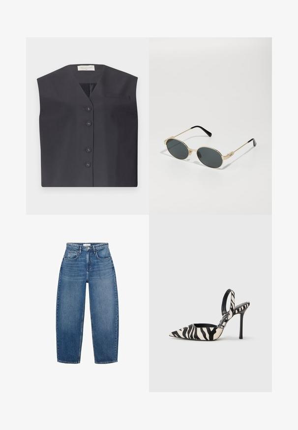Tmavomodrý bezrukávový vest s výstrihom do V, piatimi gombíkmi a malou náprsní kapsou na ľavej strane. Hladká tkanina s upraveným prevedením.; Biela košeľa s gombíkmi a špicatým golierom, dlhými rukávmi a malým modrým logom na ľavej hrudi. Vyrobená z bavlnenej látky.; Modré džínsy s vysokým pásom a rovnými nohavicami, ktoré majú päť vreciek, pútka na opasok a jemné vyblednutie pre dodatočnú textúru.; Lodičky s špičatou špičkou a otvorenou pätou v čierno-krémovom zebrovom vzore, s tenkým vysokým podpätkom a čiernym interiérom.; Zlaté kovové slnečné okuliare s oválnymi šošovkami a tmavými tónovanými sklami. Čierne acetátové konce na ramenách. Názov značky "QUAY" na boku.
