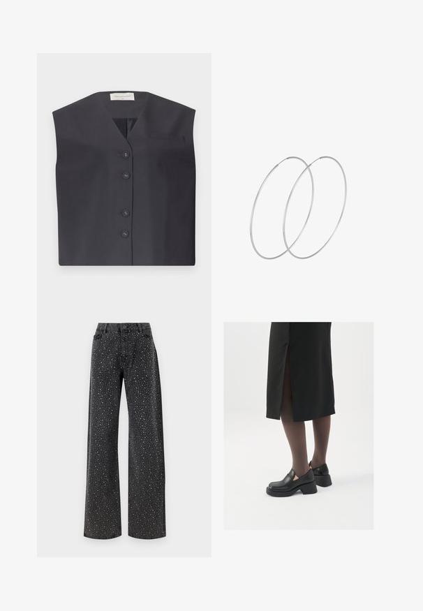 Tummansininen hihaton liivi, jossa on V-kaulus, viisi nappisuljinta ja pieni vasemman rinnan tasku. Sileä kangas ja räätälöity muotoilu.; Musta body, jossa on pitkät hihat, verkko V-aukko ja rypytetty olkapäädetalji. Silkkinen kangas, joka muotoilee vartalon.; Noisy May NMJANNEL LOOSE - Relaxed fit -farkut - black denim; Mustat nahkakengät pyöreällä kärjellä, paksulla lohkopohjalla ja joustavilla sivuakkesseilla, yhdistettynä tummiin sukkahousuihin ja mustaan hameeseen, jossa on halkio.; Hopehope hopeilla, joissa on minimalistinen muotoilu. Pyöreä muoto, sileä pinta ja ohut profiili. Kevyet ja kiillotetut.