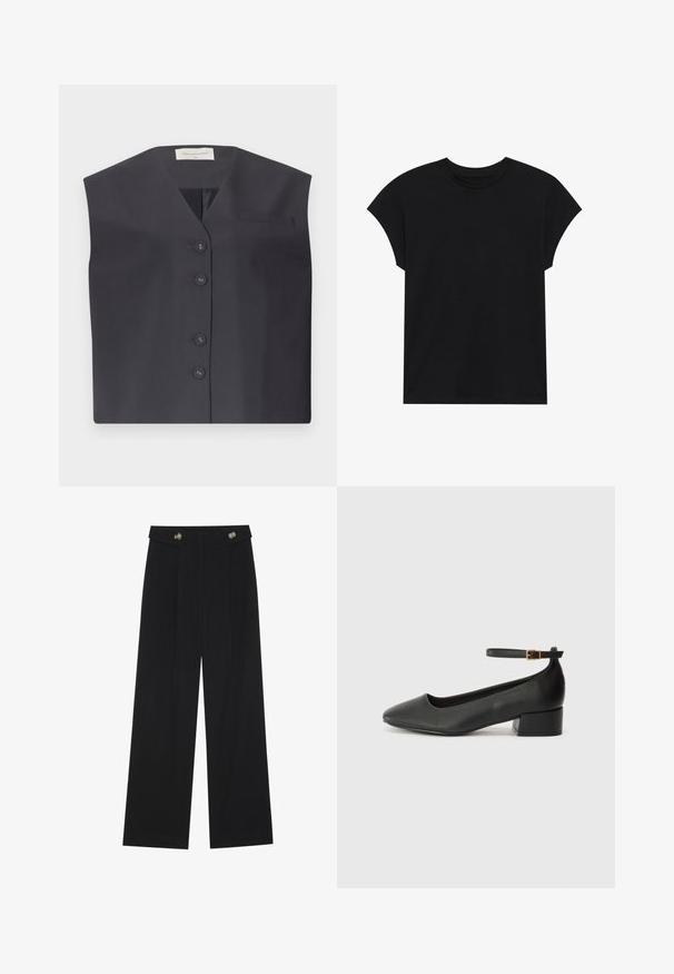 Tamsiai mėlynas be rankovių liemenis su V formos iškirpte, penkiais užsegimo mygtukais ir mažu kairiuoju krūtinės kišenėle. Slydus audinys su pritaikytu dizainu.; Juodas medvilninis marškinėliai su apvaliu iškirpimu, trumpomis rankovėmis ir laisvu pritaikymu. Lygus paviršius be matomų raštų ar puošmenų.; Juodi plačios kojos kelnės su aukštu liemeniu, sagų detalėmis ant liemens ir priekinėmis raukšlėmis.; Juodas odinis aukštakulnis batelis su smailiu pirštu ir žemu bloku. Su kulkšnies dirželiu su auksinės spalvos sagtimi. Lygus paviršius.