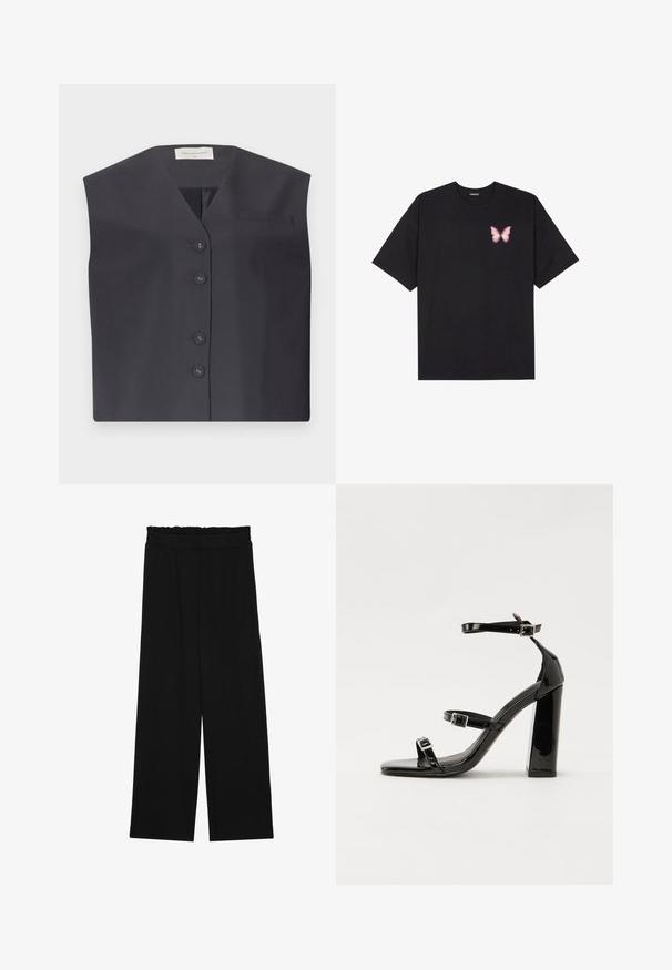 Colete sem mangas azul-escuro com decote em V, cinco botões e um pequeno bolso no lado esquerdo do peito. Tecido suave com um design ajustado.; T-shirt de algodão preto com mangas curtas, apresentando um pequeno gráfico de borboleta rosa no lado esquerdo do peito. Design de gola redonda com um corte solto.; Calças largas pretas com um cinto franzido, apresentando dois bolsos laterais e um tecido suave e leve. Sem padrões ou ferragens visíveis.; Sandálias de tacão preto laqueadas com bico quadrado, tiras para o tornozelo e fivelas prateadas. Apresentam um salto bloco chunky para estabilidade.