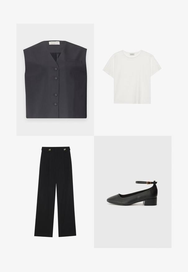 Σκούρο ναυτικό γιλέκο χωρίς μανίκια με V-λαιμόκοψη, πέντε κουμπιά και μια μικρή τσέπη στο αριστερό στήθος. Λείο ύφασμα με σχεδίαση που εφαρμόζει.; Λευκό κοντομάνικο T-shirt από μαλακό βαμβάκι. Διαθέτει στρογγυλή λαιμόκοψη και χαλαρή εφαρμογή. Καθαρός σχεδιασμός χωρίς ορατά σχέδια ή λεπτομέρειες.; Μαύρο παντελόνι φόρμας σε φαρδιά γραμμή με ψηλή μέση, κουμπιά στη μέση και πλαϊνές τσέπες.; Μαύρο δερμάτινο τακούνι με μυτερή μύτη και χαμηλό τετράγωνο τακούνι. Διαθέτει λουράκι στον αστράγαλο με χρυσό τόνο πόρπη. Λείο υφή.