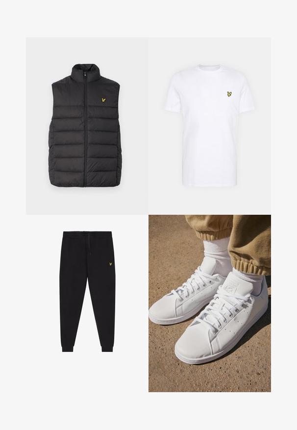 Must must vest kõrge kaelusega, lukuga ja horisontaalselt õmmeldud osadega. Omab väikest kuldset logo vasakul ülanurgas.; Valge puuvillane T-särk, millel on vasakus rinnas väike must ja kollane tikandlogoga. Lühikesed varrukad ja ümmargune kaelus.; Mustad jooksupüksid elastse vöökohaga ja nööriga, kitsenevate sääreosadega, millel on mansetid, ning väike kollane tikitud logo paremal reiel.; Valged nahast tossud siledal pinnal, klassikalise paeltega kinnitusega, ventilatsiooni jaoks perforatsioonide ning tekstureeritud kummist välispinnaga.